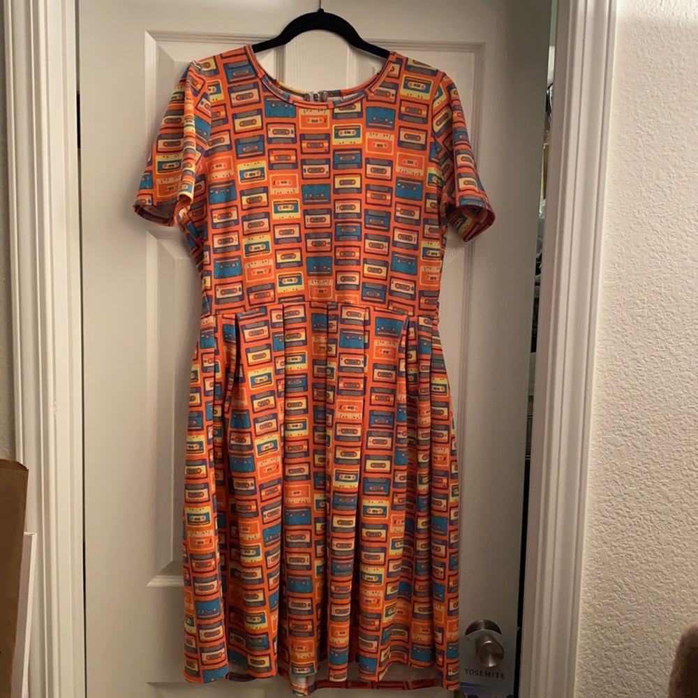 Lularoe Amelia dress orange cassette tapes XL like new